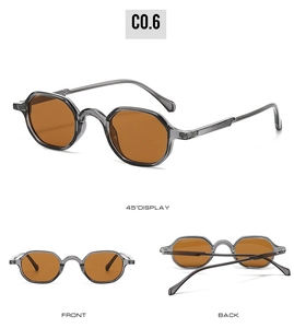 Three-angle view of retro transparent grey sunglasses with bright orange lenses