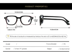 Detailed size chart for retro PC eyeglass frames with precise metric and imperial dimensions