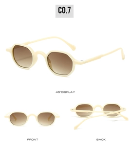 Three views of retro beige polygon sunglasses with brown gradient lenses