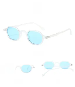 Three-way view of geometric sunglasses with light blue lenses and frosted white frames