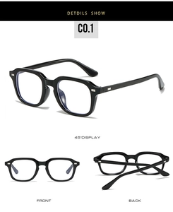 Three-way view of black square eyeglass frame with silver rivet details and anti-blue light lens