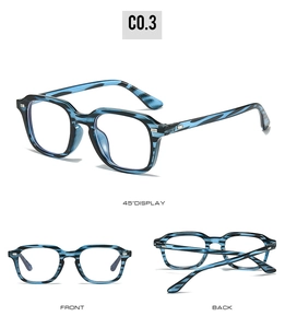 Blue and black tortoiseshell eyeglass frames shown from front, back, and 45-degree angles