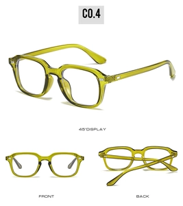 Three views of translucent olive green square eyewear frames with metal rivet details