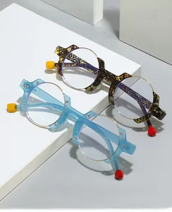 Macro detail of bicolor irregular eyeglass frames in blue and tortoise shell finish