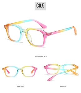 Multiple views showing the rainbow gradient full frame glasses and rivet details