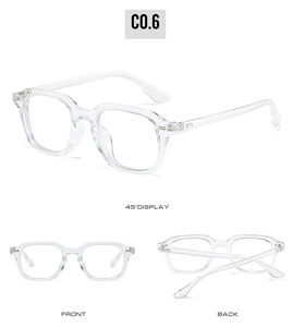 Macro detail of transparent PC frame glasses featuring vintage rivet and metal accents