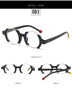 Detailed multi-angle views of round retro black eyewear frame with gold metal trim