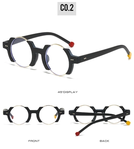 Three-view display of hip-hop eyeglasses with black frames and unique round ball tips