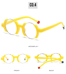 Front and back views of yellow round glasses with thick irregular frames and colorful tips