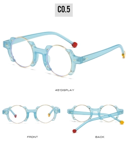 Three views of retro round glasses with light blue resin frame and metal accents