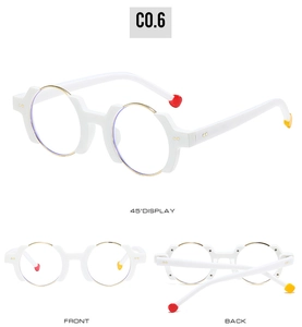 Detailed views of irregular white frame glasses with metal inner ring and colorful temple tips