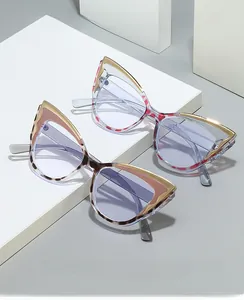 Macro view of blue light blocking cat-eye glasses with metal frames and stylish patterns