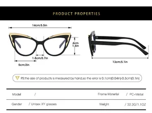 Detailed size chart showing frame width and lens height for cat eye blue light glasses