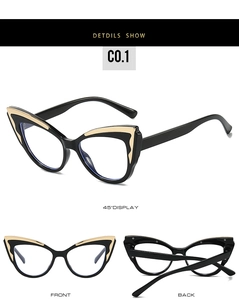 Detailed multi-angle view of cat-eye glasses frames with black and gold wave accents