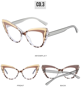 Detailed views of cat-eye frames with tortoiseshell pattern and gold metal accents