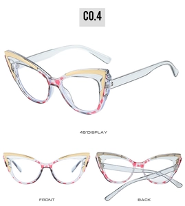 Detailed views of cat-eye frames with pink tortoiseshell patterns and gold metal accents