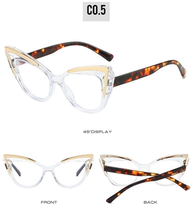 Detailed views of cat eye glasses with transparent frames and tortoiseshell temples
