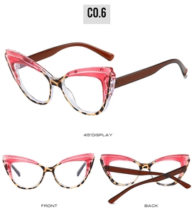 Detailed multi-angle views of retro cat eye glasses with red and leopard patchwork frames