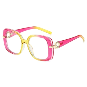 Square oversized sunglasses with pink to yellow gradient frames and gold accents