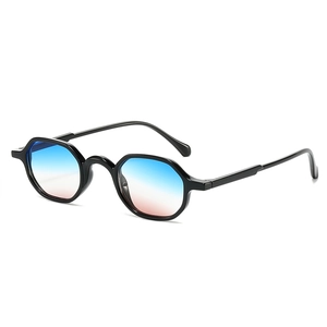 Retro black geometric sunglasses with blue-pink gradient lenses and octagonal resin frames