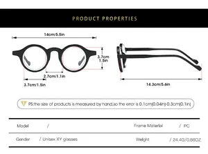 Detailed size chart for retro round small frame glasses with full dimensions and weight