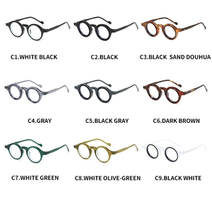 Grid view showcasing nine different color options for retro round frame eyewear
