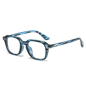 Blue tiger stripe anti-blue light glasses frame with rivet details shown from a 45-degree angle