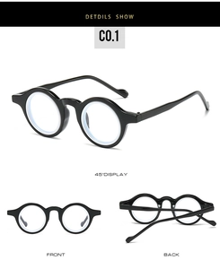 Detailed views of retro round black glasses frames showing front, back and 45-degree angle