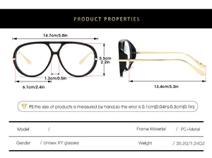 Detailed size chart for oversized aviator sunglasses featuring lens and frame dimensions