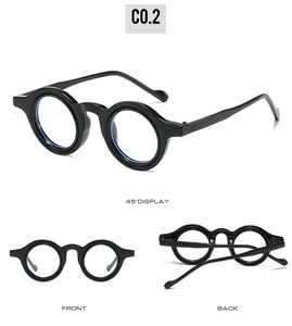 Three-angle view of vintage round thick-frame eyeglasses in black, showing front and side