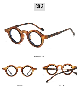 Front, back and 45-degree angle views of tortoise shell round vintage eyeglass frames