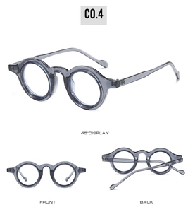 Multi-angle views of retro round glasses in transparent grey with three distinct perspectives