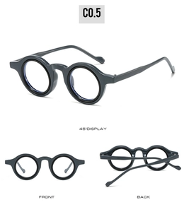 Three-view display of retro round glasses frames in dark grey finish with thick rims