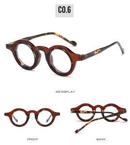 Detailed views of retro round glasses featuring tortoiseshell frames and amber patterns