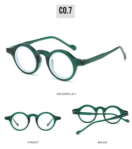 Detailed multi-angle views of vintage dark green round eyewear frames with PC legs
