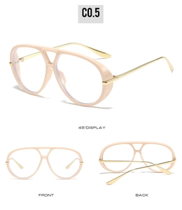 Detailed views of oversized pink frames with gold metal temples from three angles