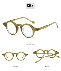 Detailed views of olive green retro round glasses with front, back, and 45-degree angles