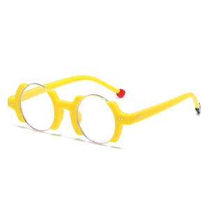 Italian style irregular bright yellow round glasses with distinctive red dot temple tips