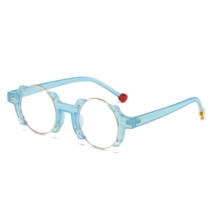 Italian style irregular blue glasses frame with gold metal rims and color ball tips