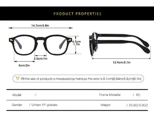 Detailed size chart for retro round frame glasses showing precise measurements and PC frame