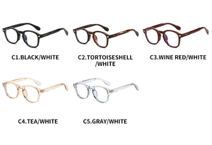 Five styles of retro round glasses frames in black, tortoiseshell, wine red, and clear tones