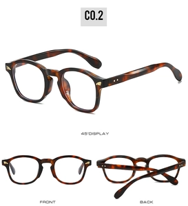 Three views of retro tortoiseshell round eyewear frames with silver rivet accents