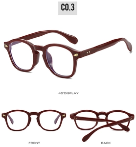 Three-angle views of retro burgundy round eyeglass frames with golden wing accents