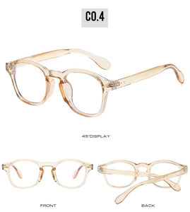 Three-way view of retro champagne round glasses frame showing front and back angles