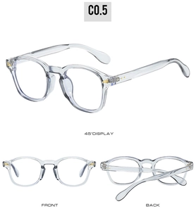 Three perspectives of transparent round glasses showing front, back, and 45-degree angle views