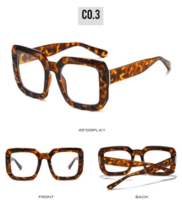 Tortoiseshell oversized square glasses shown from front, back and 45-degree side angles