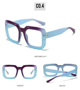 Detail view of large square glasses frame with blue-purple gradient finish