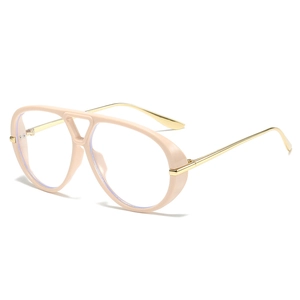 Oversized nude aviator glasses with gold metal temples and clear decorative lenses