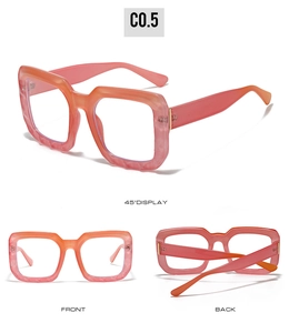 Three-angle view of oversized square glasses with pink and orange gradient transparent frames
