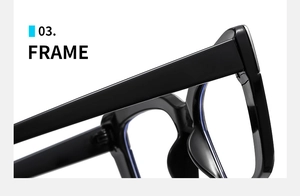 Detail shot of the sturdy hinge and black glossy finish of the rectangular glasses frame